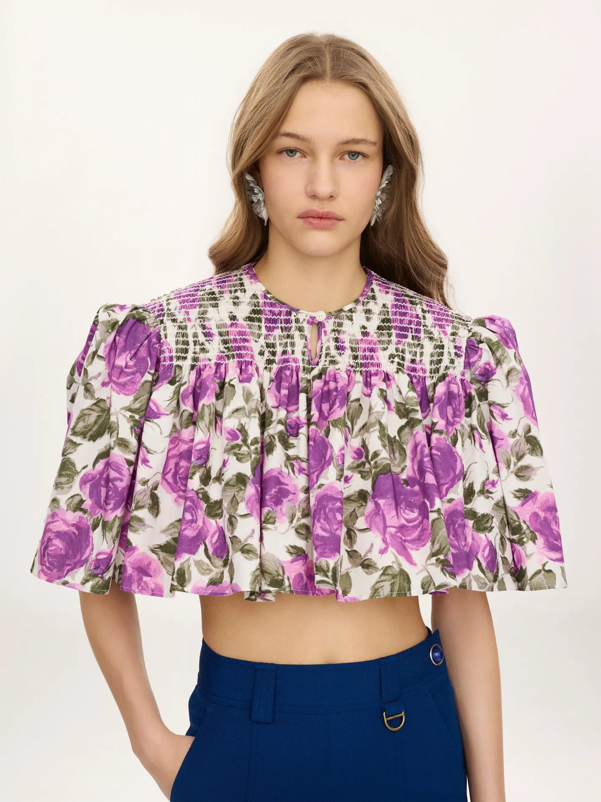 Gathered cropped top in cotton poplin
