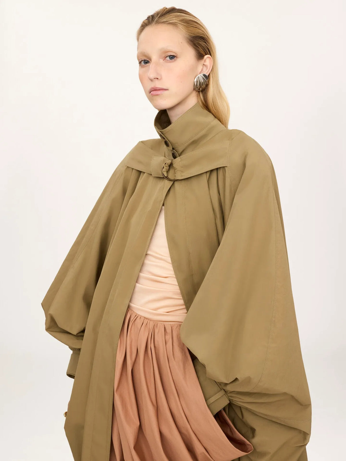 High-neck oversized cape coat in cotton poplin