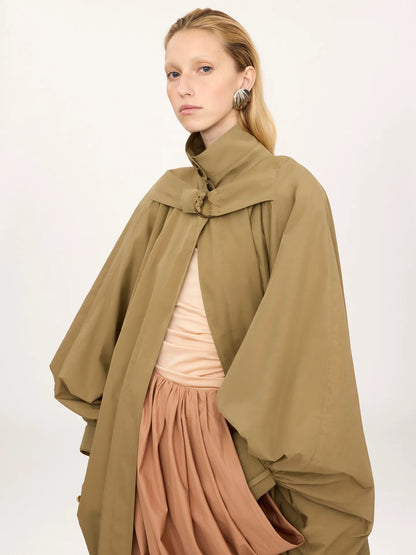 High-neck oversized cape coat in cotton poplin