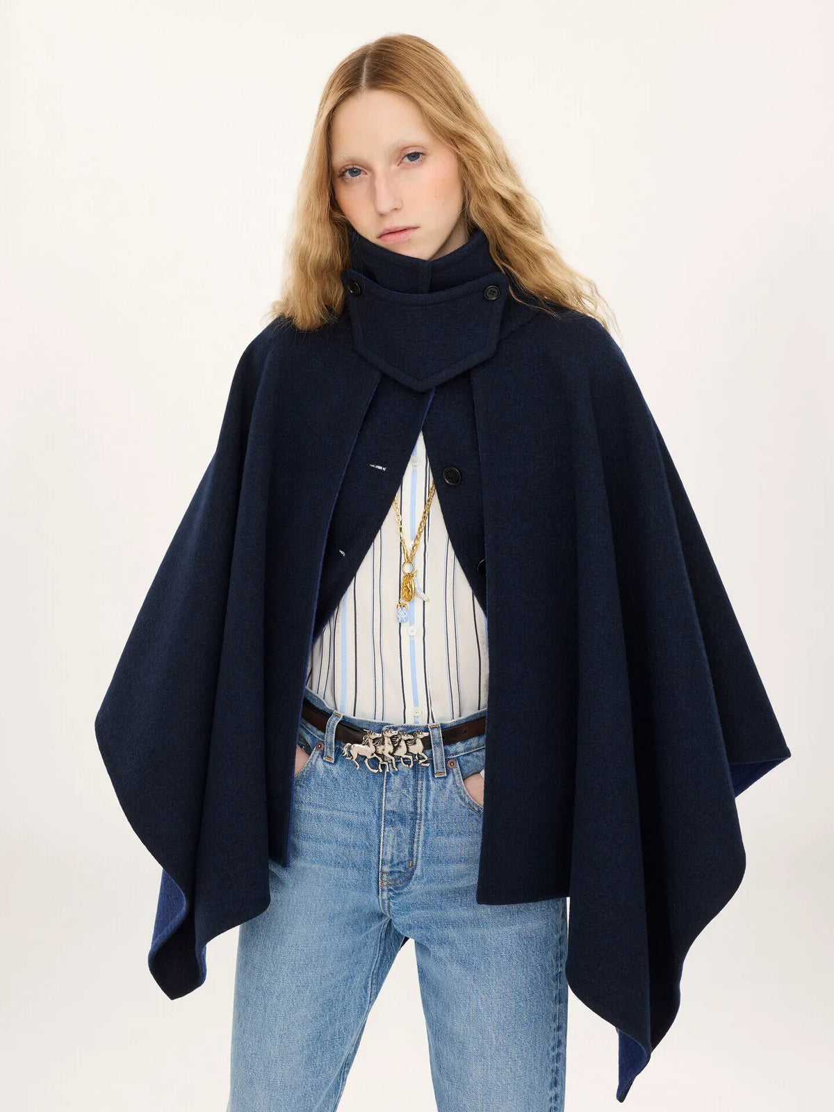 High-neck short cape coat in washed double-face wool