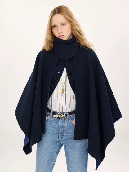 High-neck short cape coat in washed double-face wool