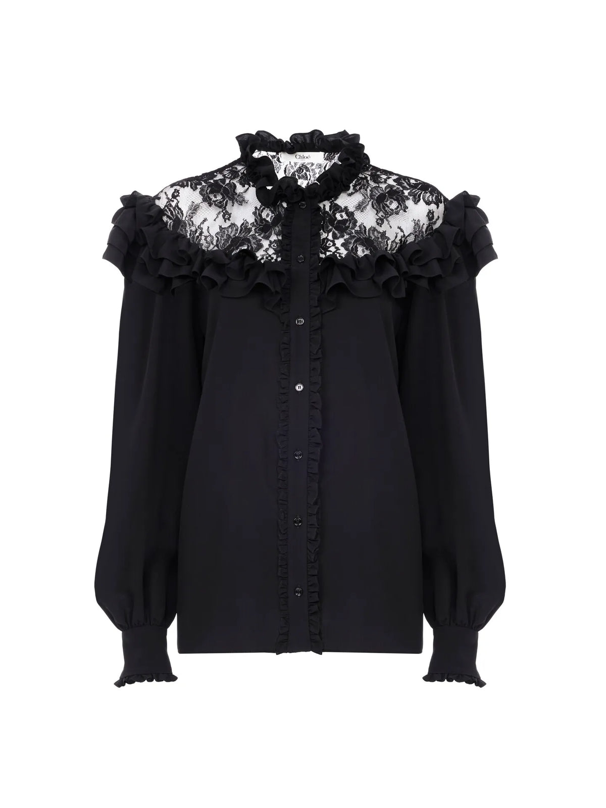 High-neck ruffled blouse in crêpe de chine & lace
