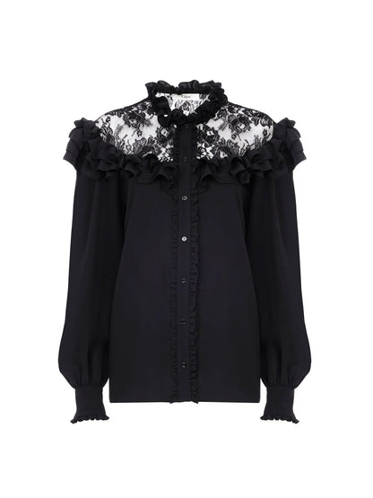 High-neck ruffled blouse in crêpe de chine & lace