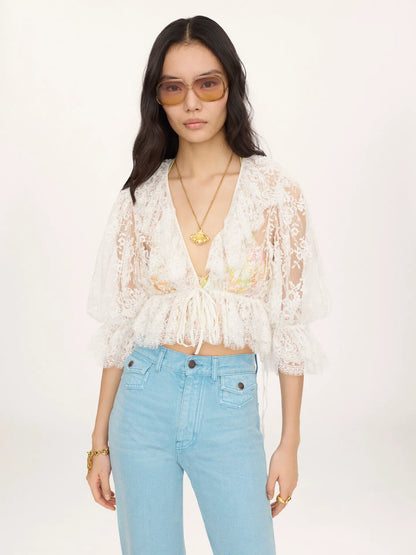Cropped V-neck ruffle top in lace