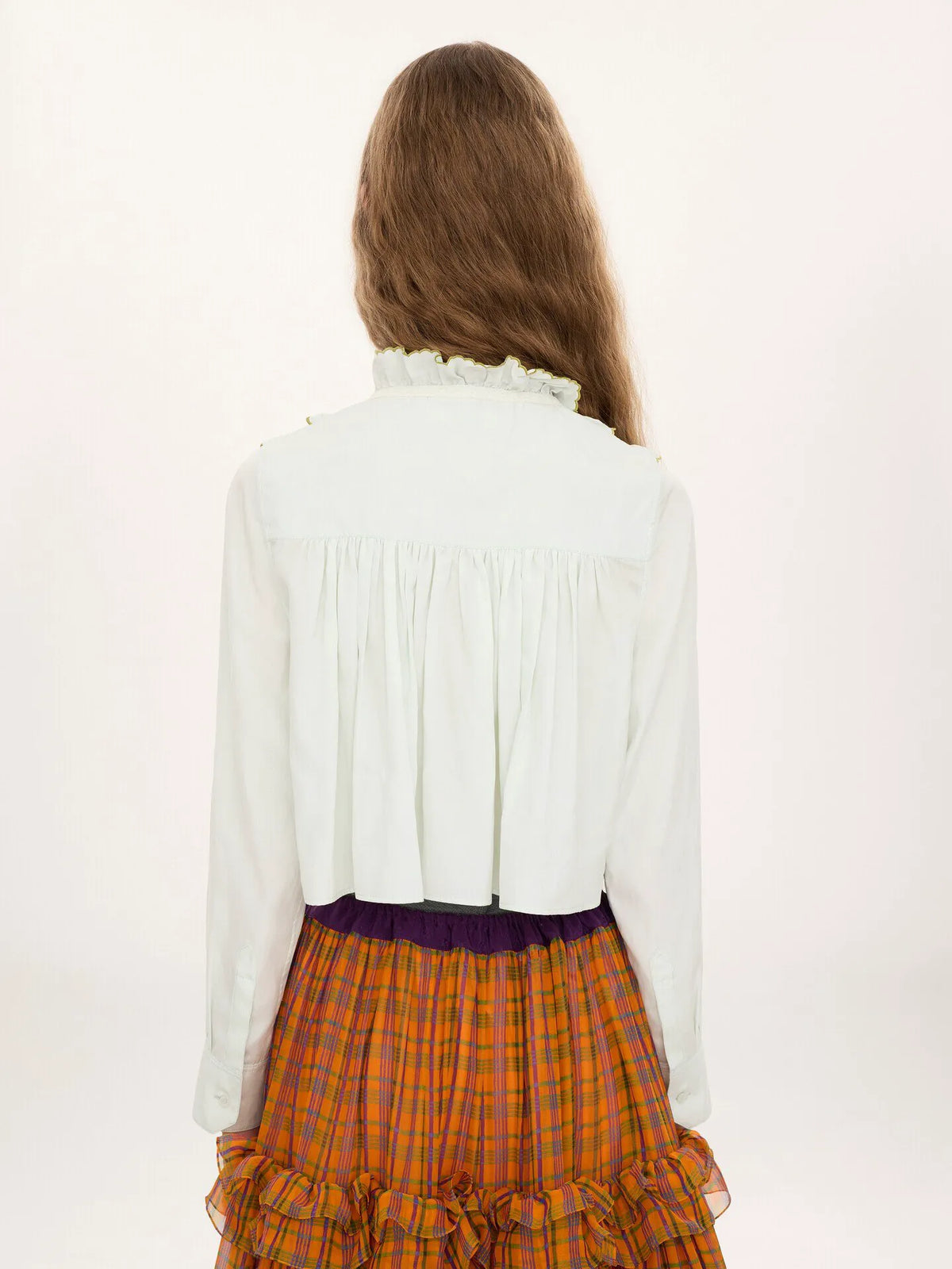 Cropped ruffled blouse in silk & cotton poplin