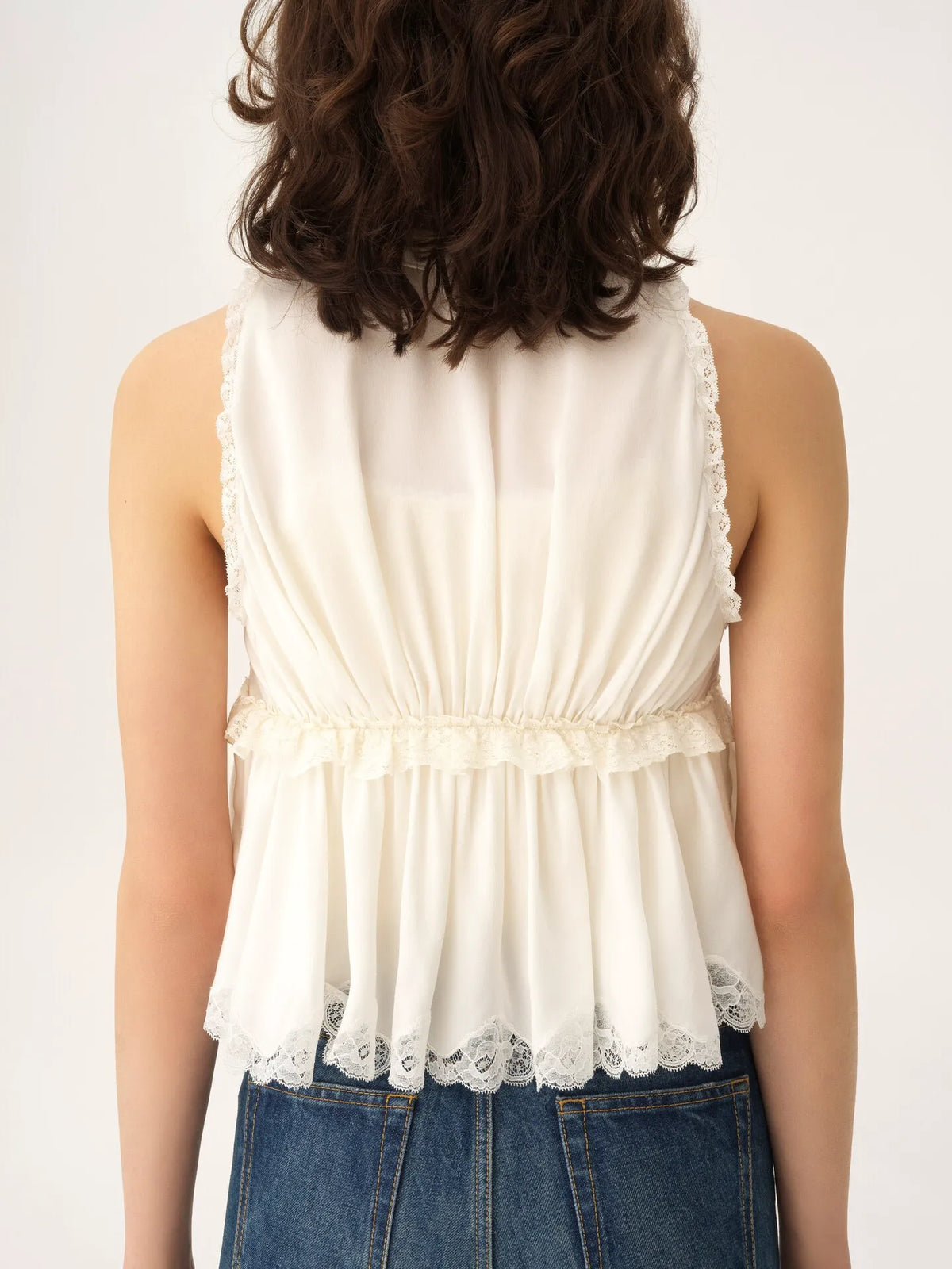 Tie-front sleeveless top in washed silk satin & lace