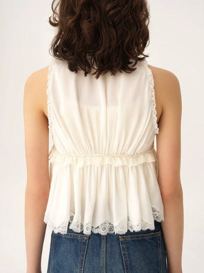 Tie-front sleeveless top in washed silk satin & lace