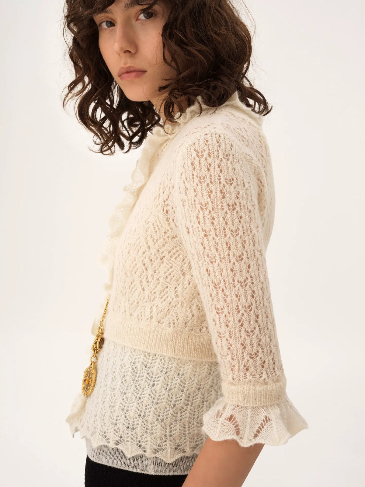 Cropped ruffle sweater in an alpaca wool & silk knit