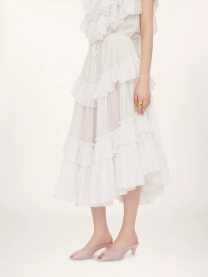 Layered ruffled midi skirt in cotton voile