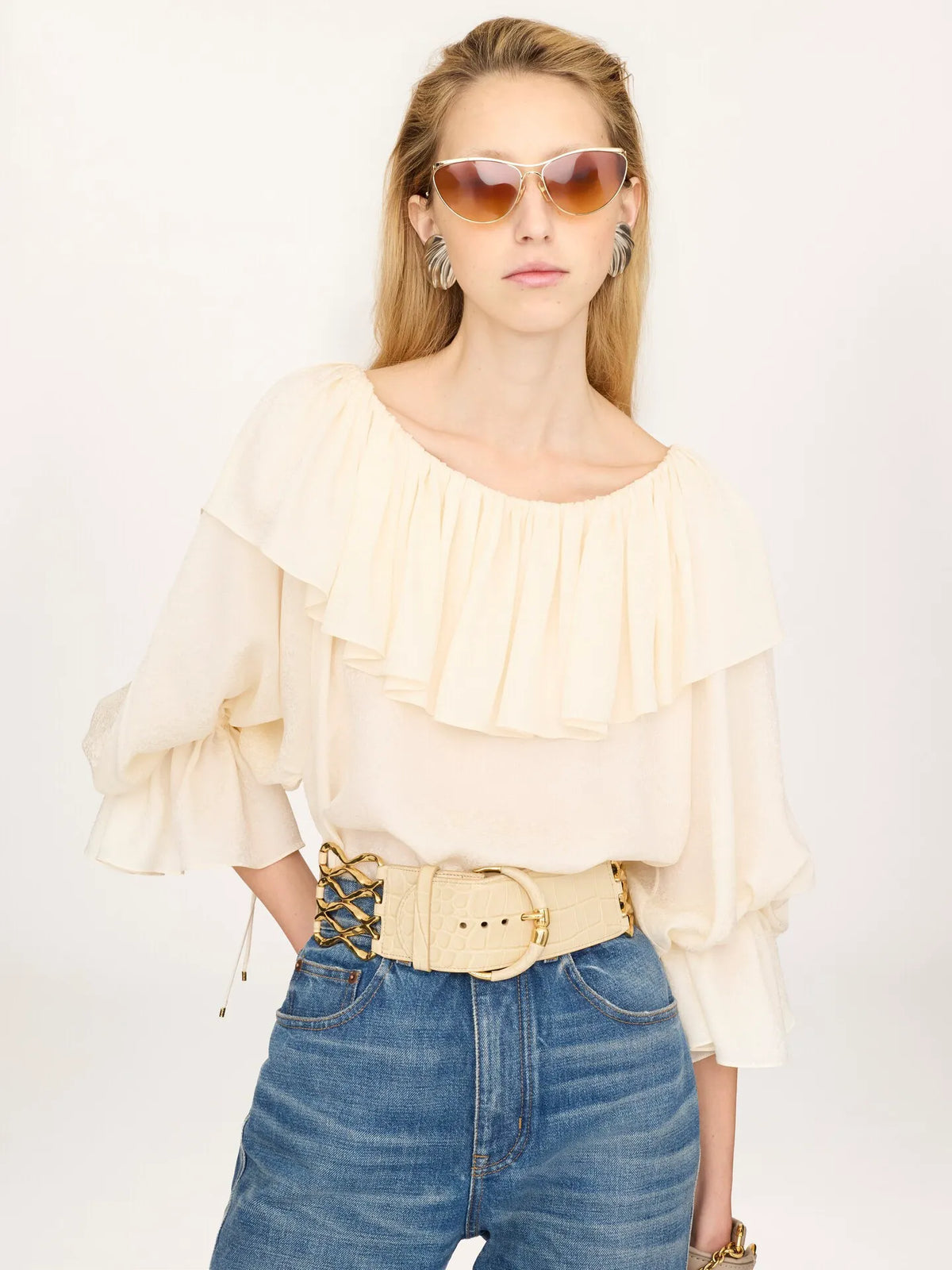 Fluid ruffle top in silk jacquard