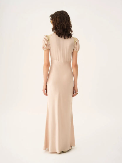 Puff-sleeve column dress in washed silk satin & lace