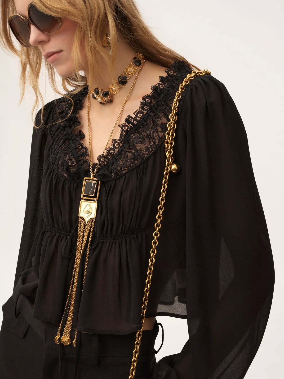 Scoop-neck cropped top in silk georgette & lace