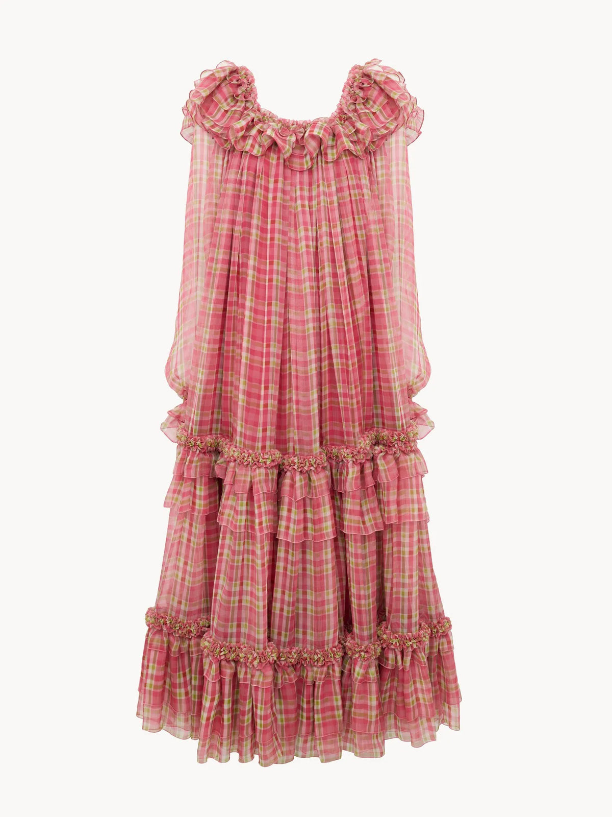 Square-neck midi dress in check silk mousseline