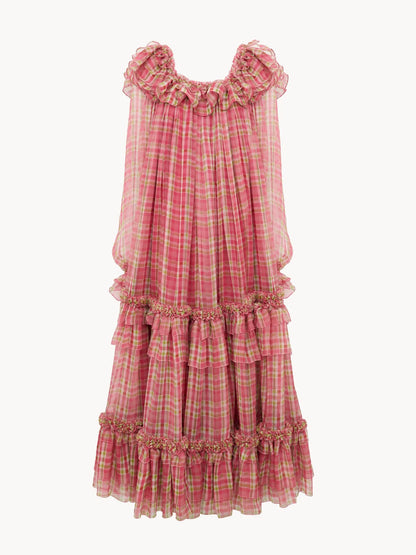 Square-neck midi dress in check silk mousseline