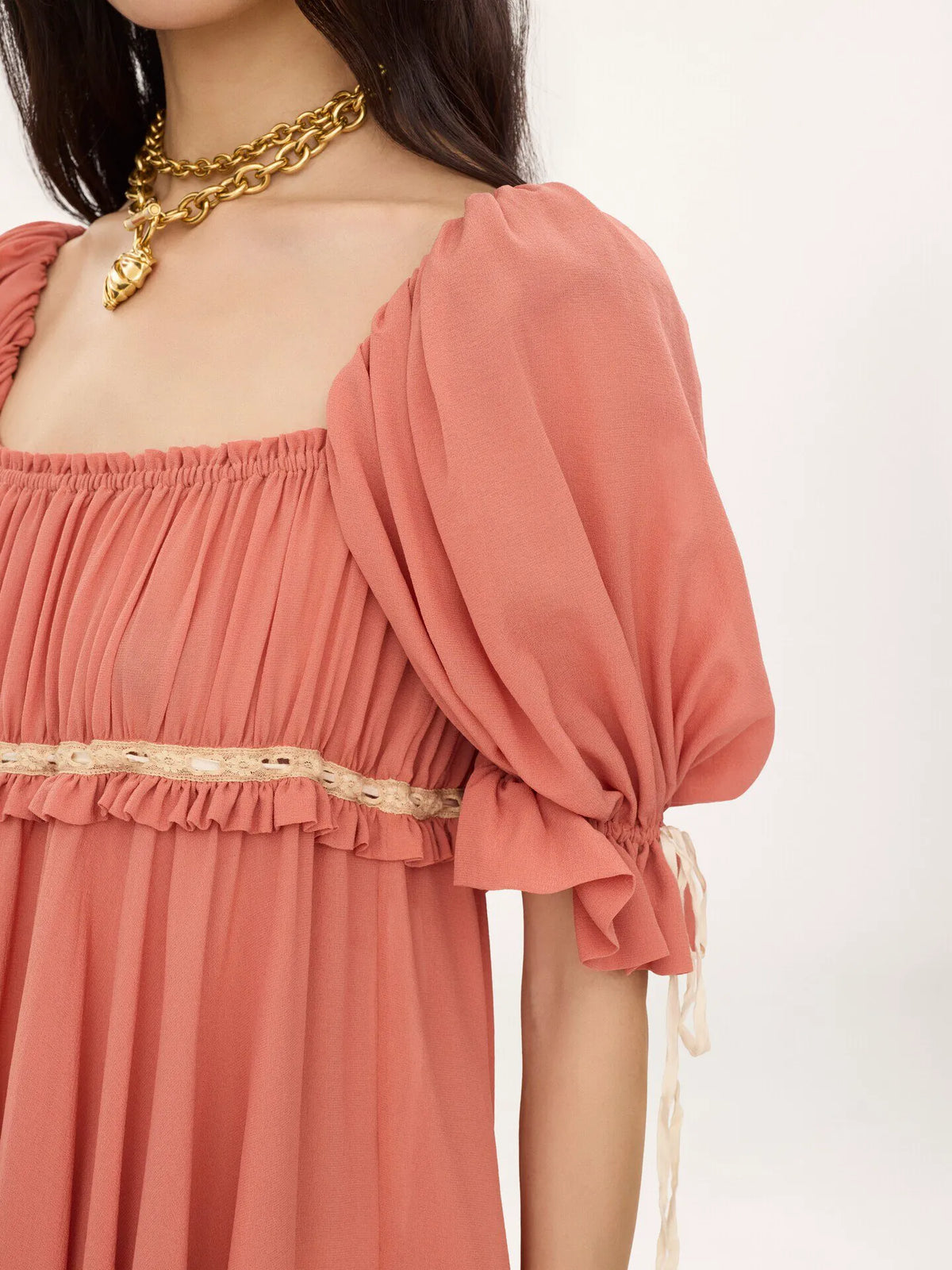 Puff-sleeve mini dress in silk georgette