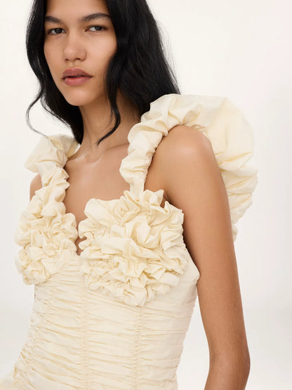 Ruched bustier midi dress in cotton poplin