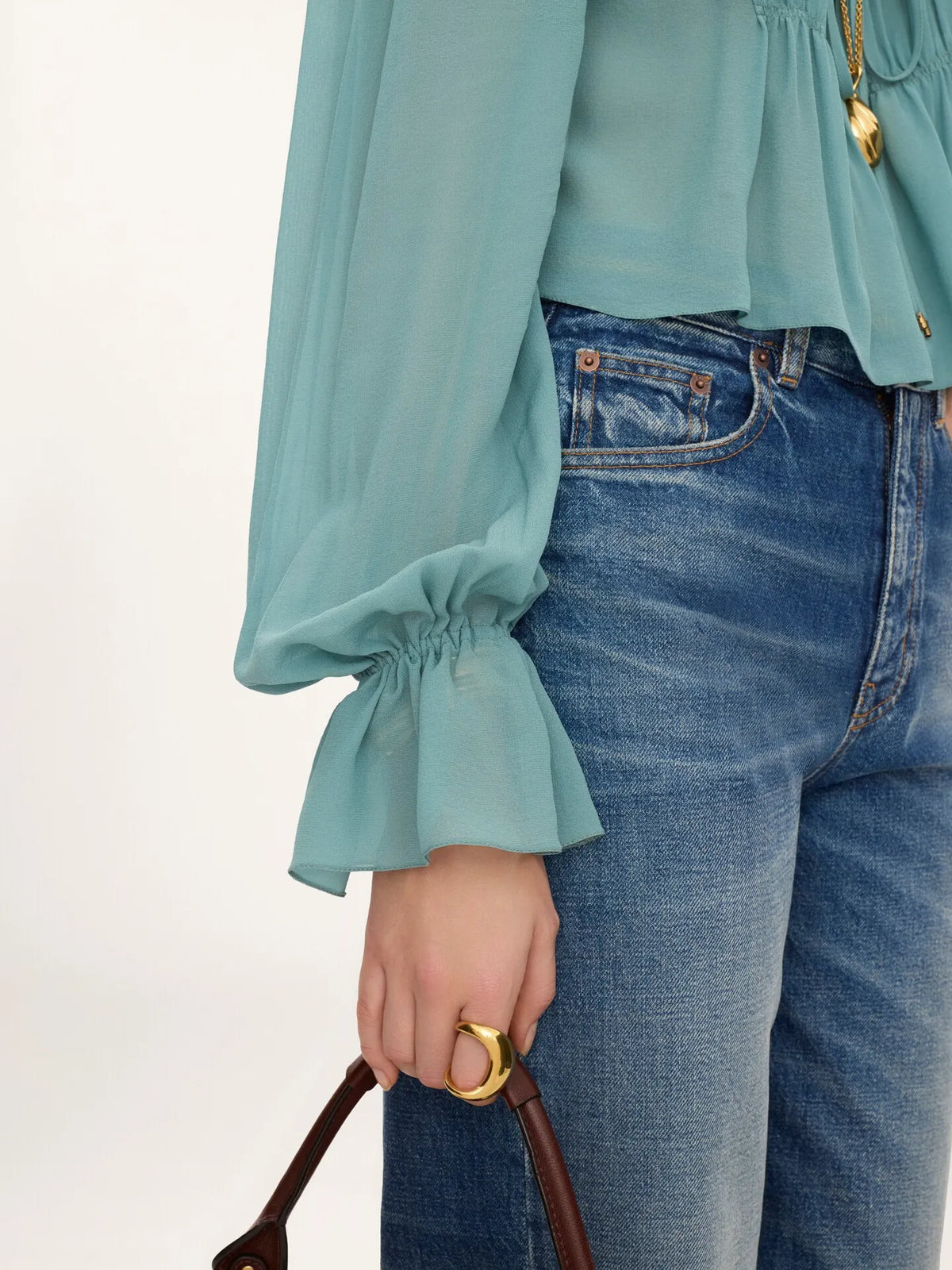 Scoop-neck cropped top in silk georgette & lace