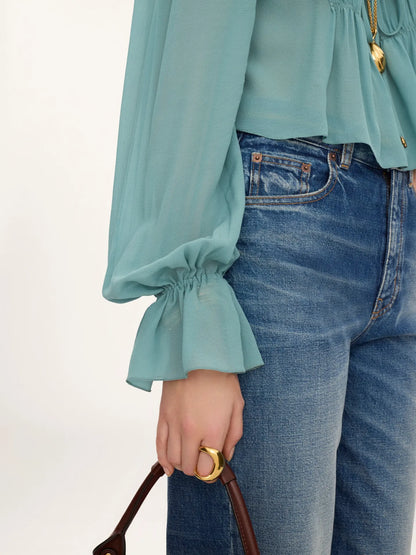 Scoop-neck cropped top in silk georgette & lace