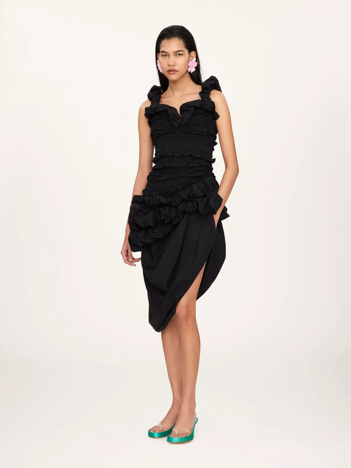Ruched bustier midi dress in cotton poplin