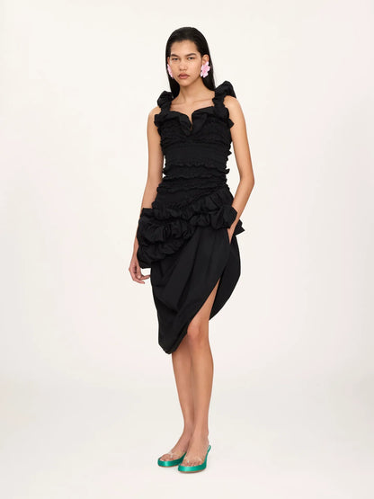 Ruched bustier midi dress in cotton poplin