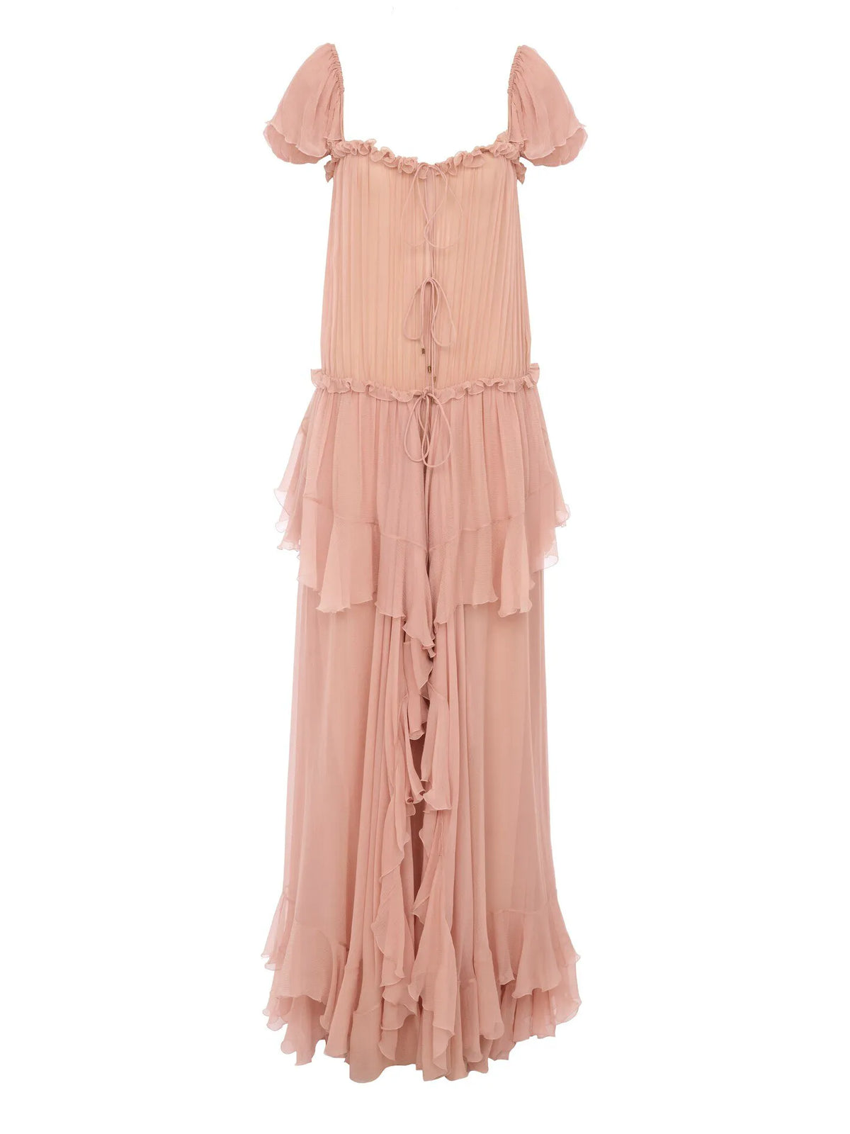 Gathered long ruffled dress in silk mousseline