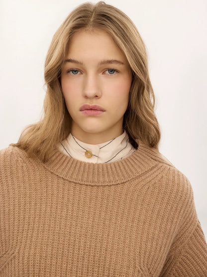 Cropped mock-neck sweater in a wool and cashmere knit & lace