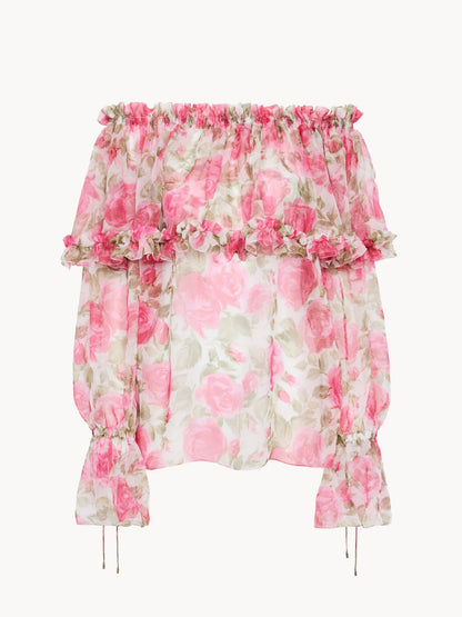 Off-the-shoulder puff-sleeve top in silk mousseline