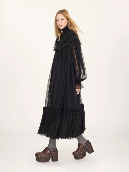 High-neck ruffled midi dress in silk mousseline