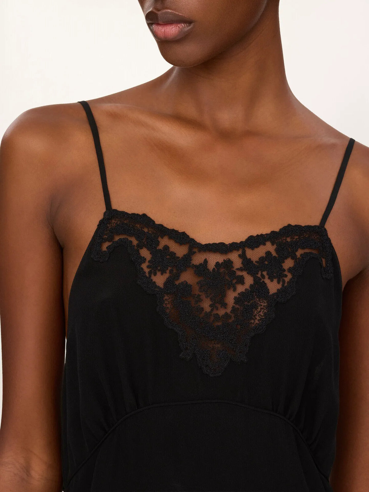 Long lingerie dress in crêpe de chine & lace