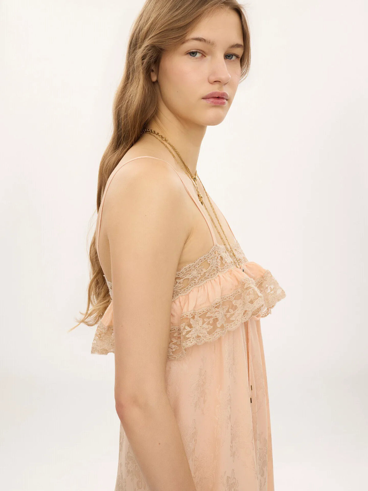 Thin-strap long dress in silk jacquard & lace