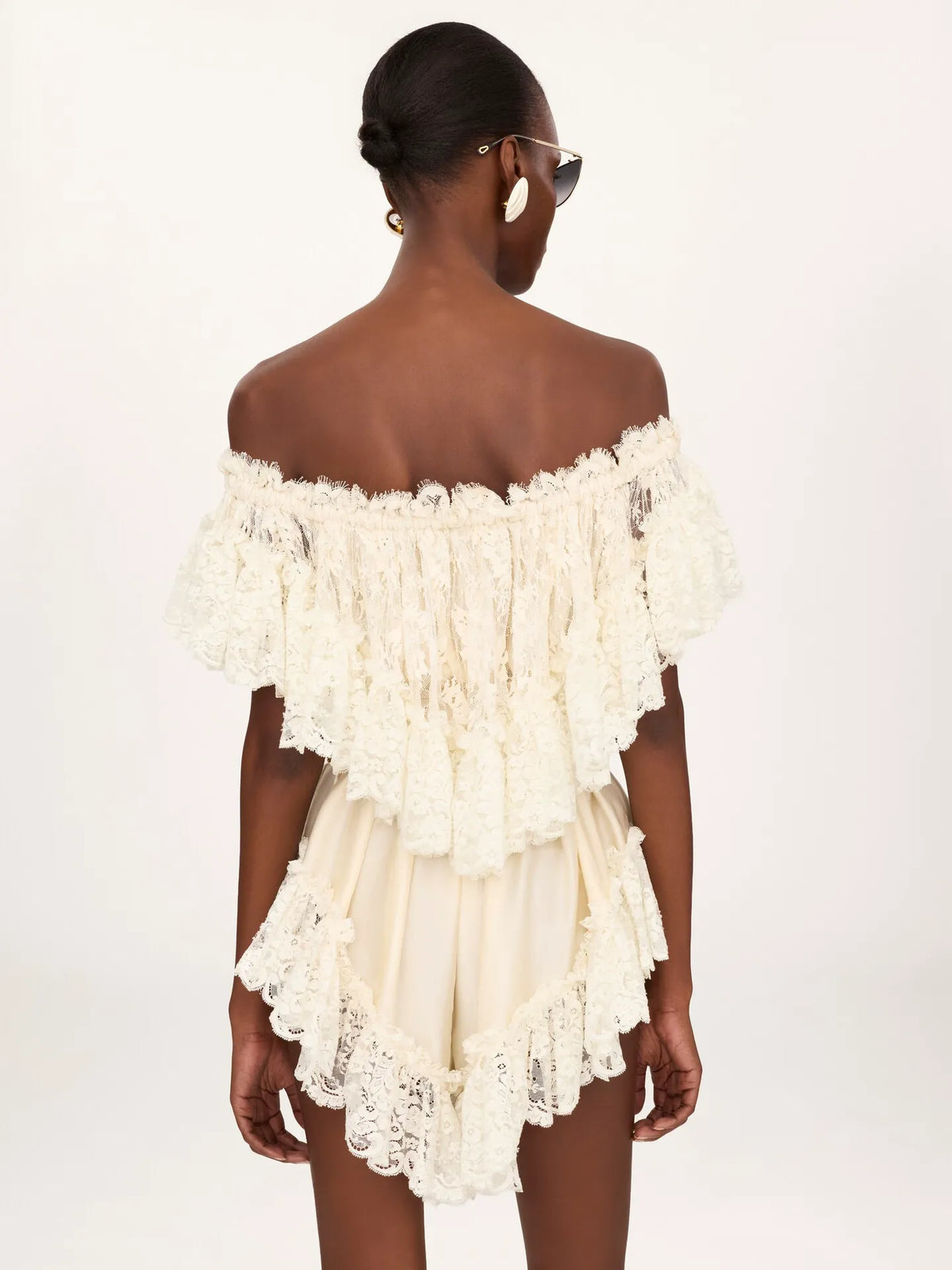 Off-the-shoulder mini jumpsuit in washed silk satin & lace