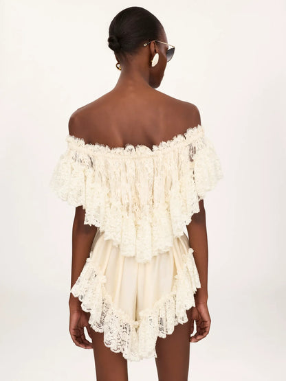 Off-the-shoulder mini jumpsuit in washed silk satin & lace