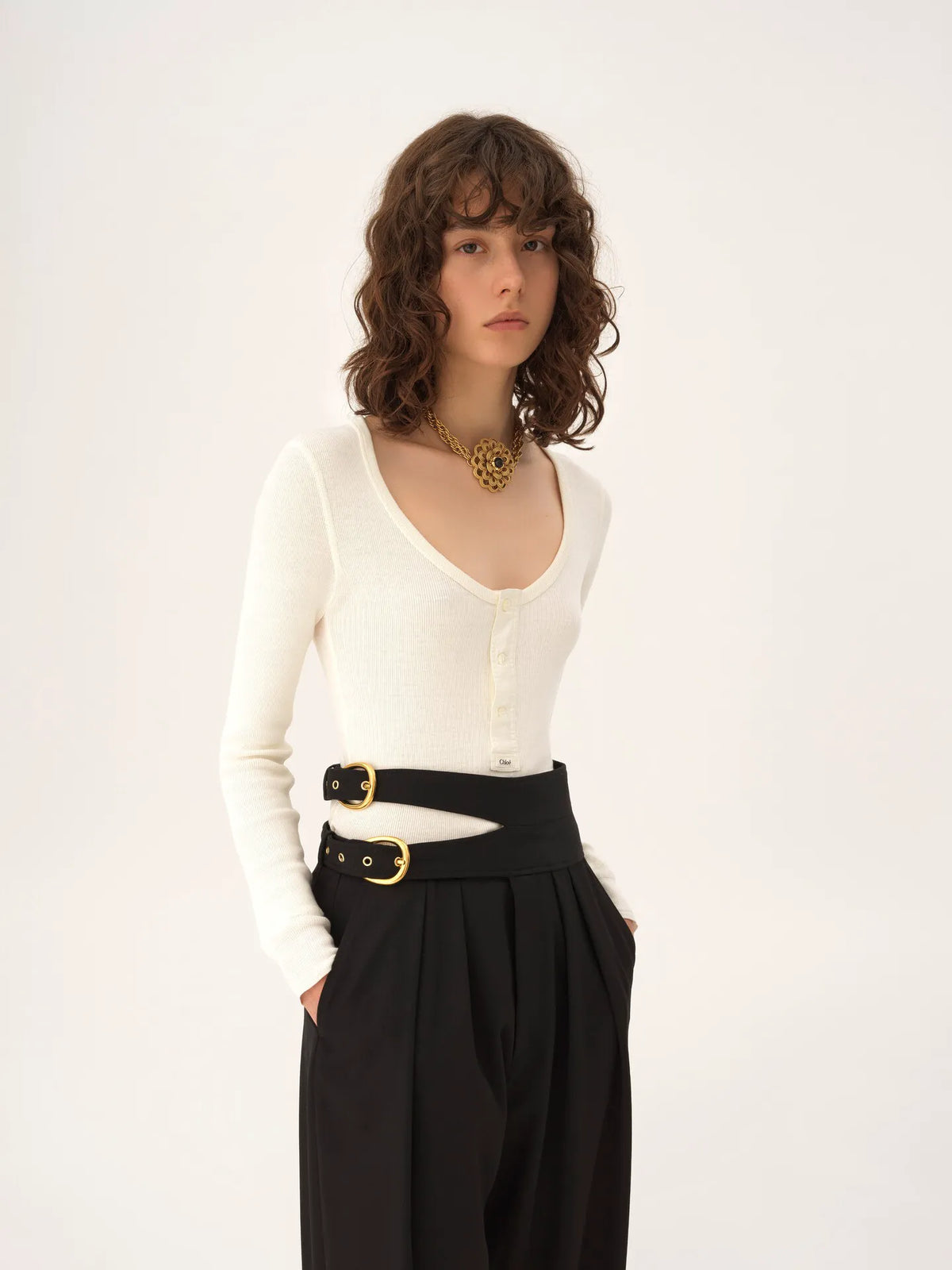 Scoop-neck Henley shirt in cotton jersey