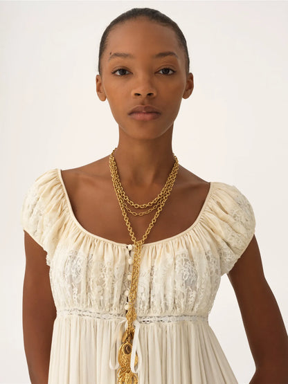Short-sleeve mini dress in silk mousseline & lace