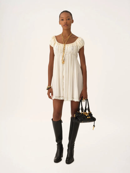 Short-sleeve mini dress in silk mousseline & lace