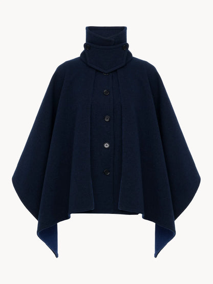 High-neck short cape coat in washed double-face wool