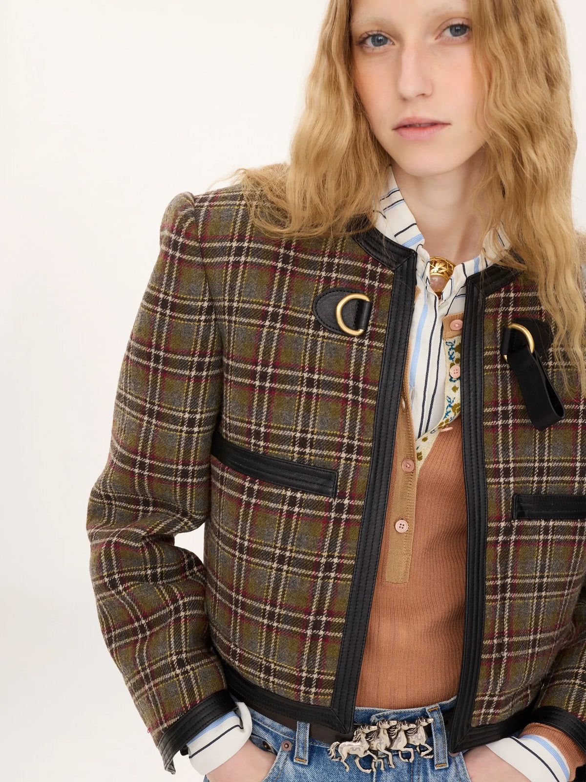 Collarless cropped boxy jacket in check wool