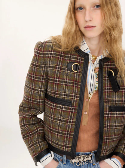 Collarless cropped boxy jacket in check wool
