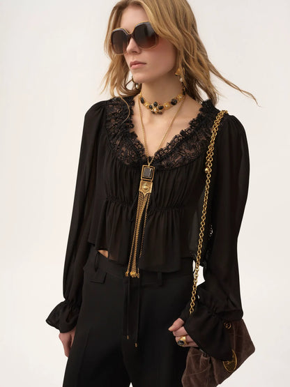 Scoop-neck cropped top in silk georgette & lace