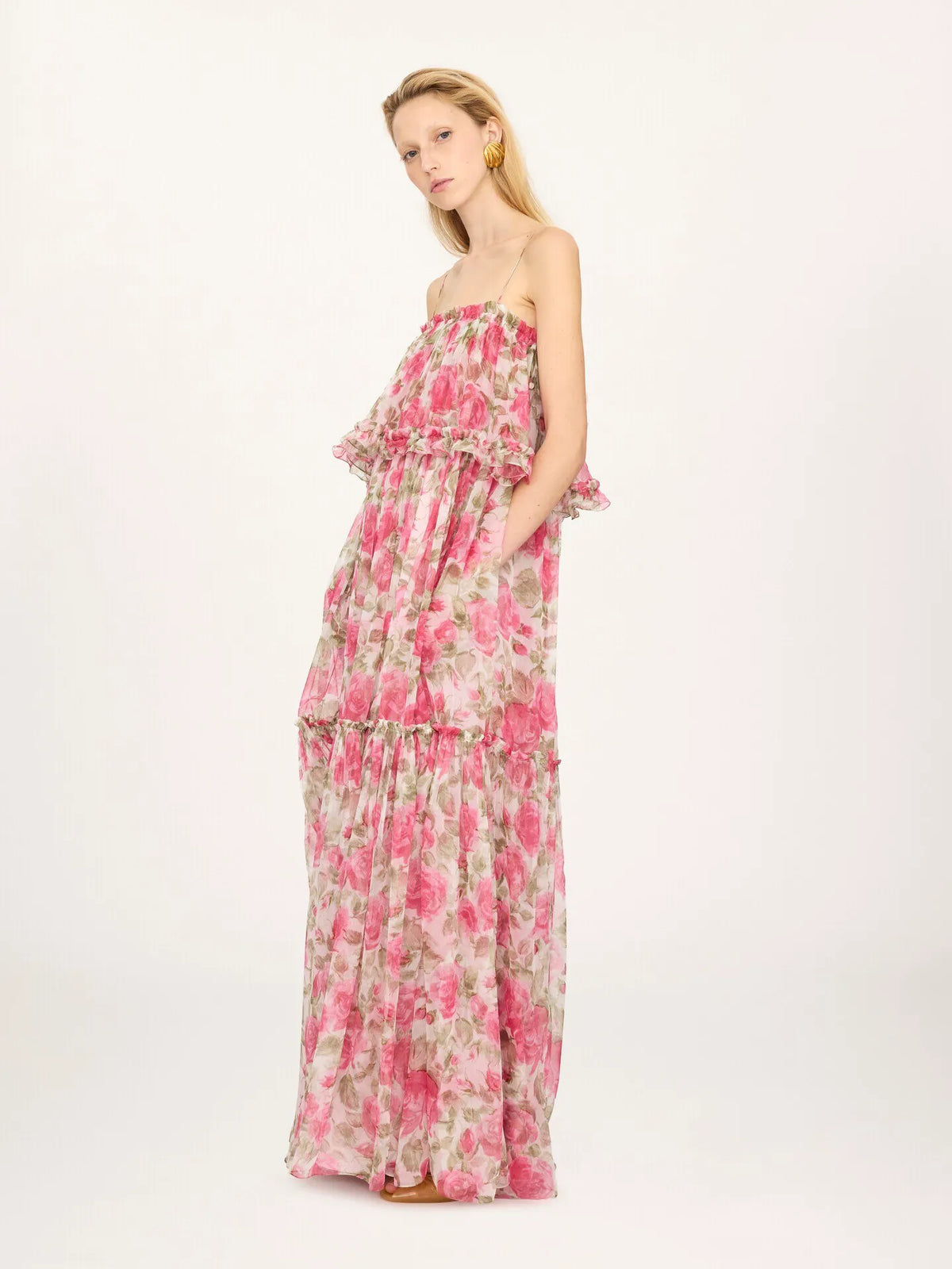 Thin-strap long dress in silk mousseline