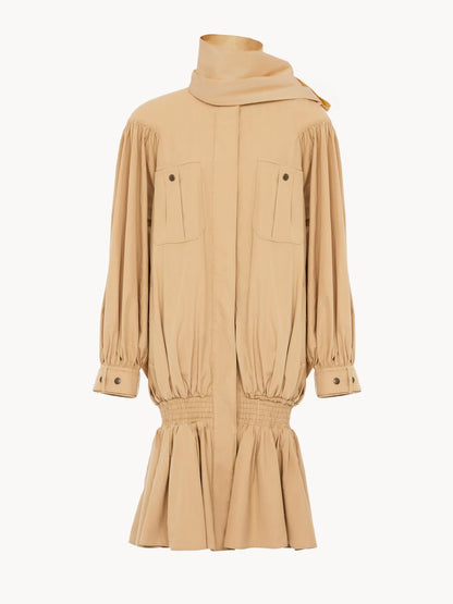 High-neck gathered trench coat in cotton poplin