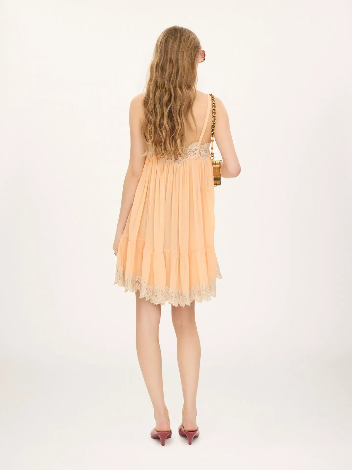 Thin-strap mini dress in silk georgette & lace