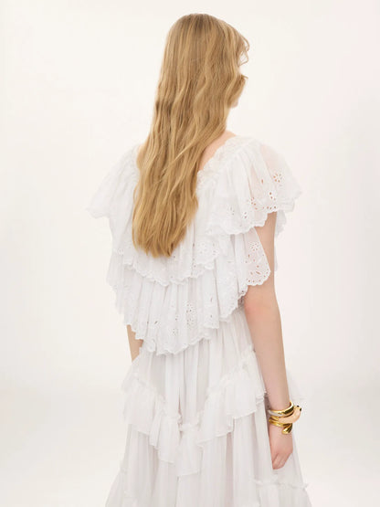 Cropped V-neck ruffle top in cotton voile & lace