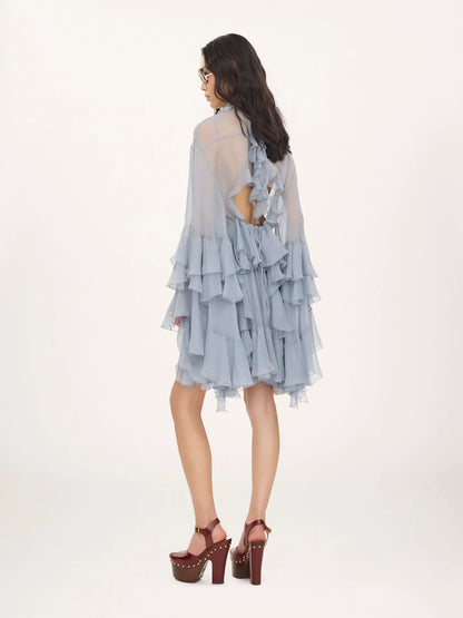 Ruffled mini dress in silk mousseline