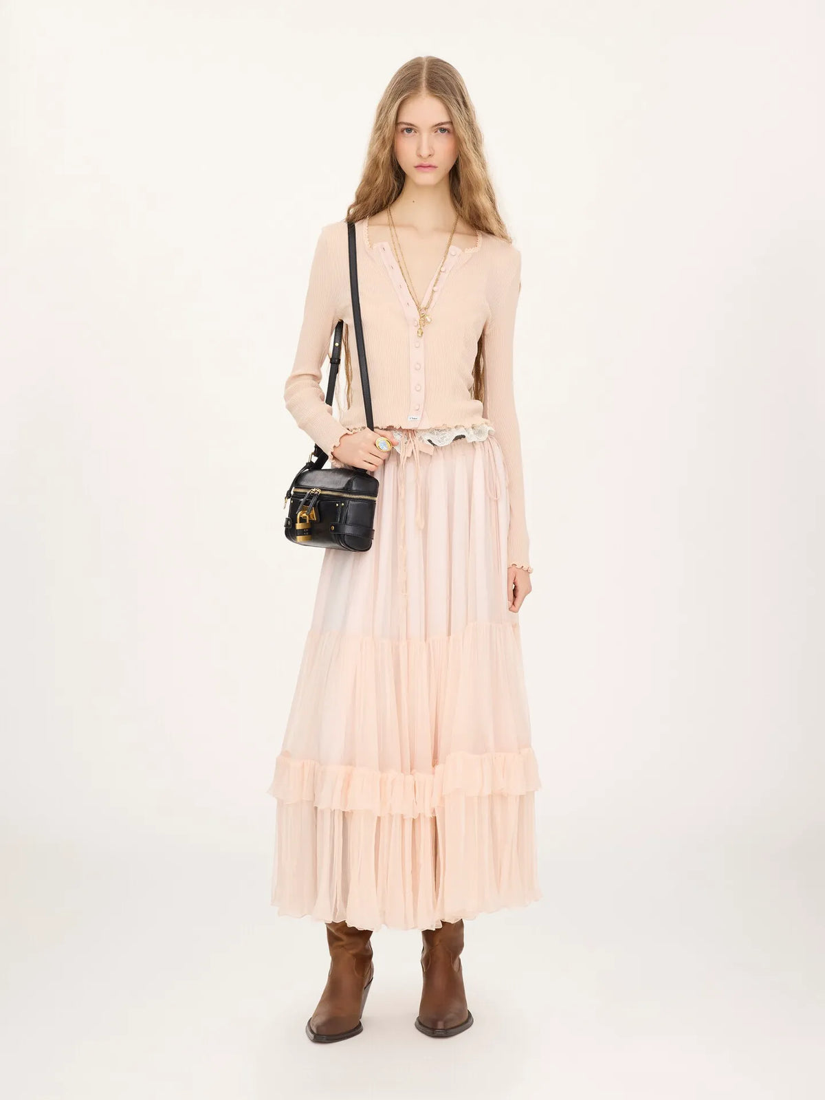 Ruffled long skirt in silk mousseline