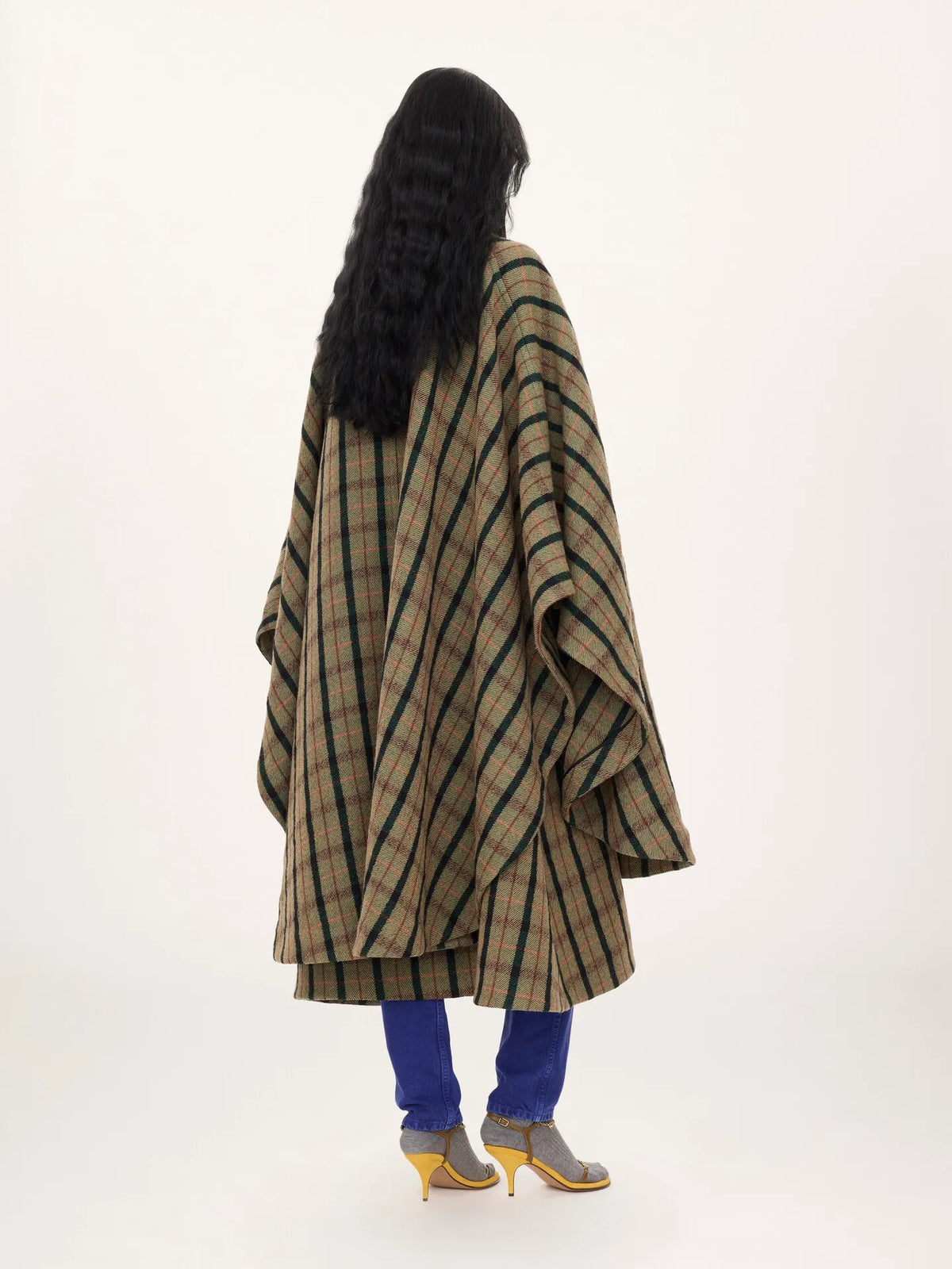 Layered long cape coat in brushed check wool