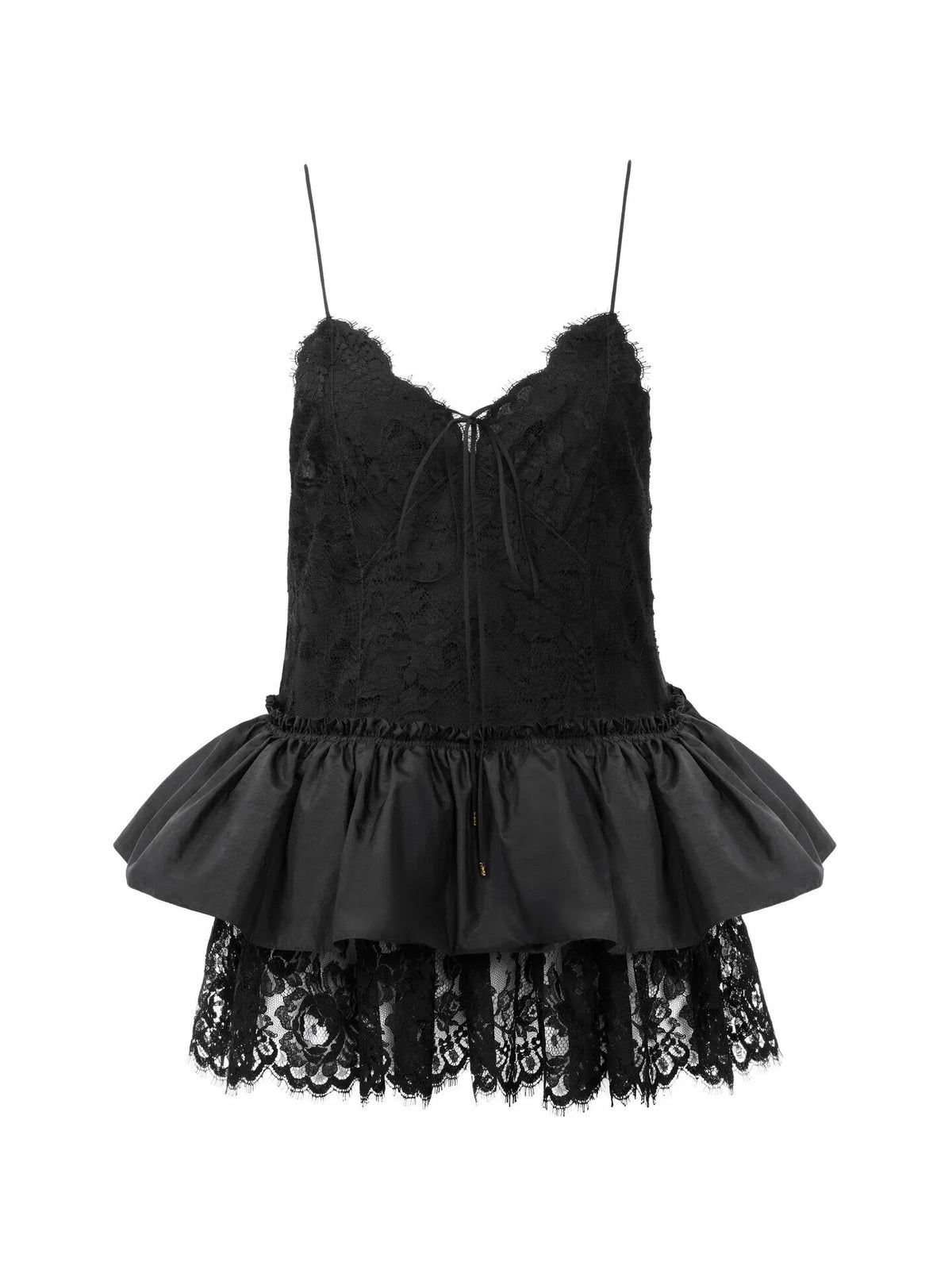 Thin-strap ruffle top in technical taffeta & lace