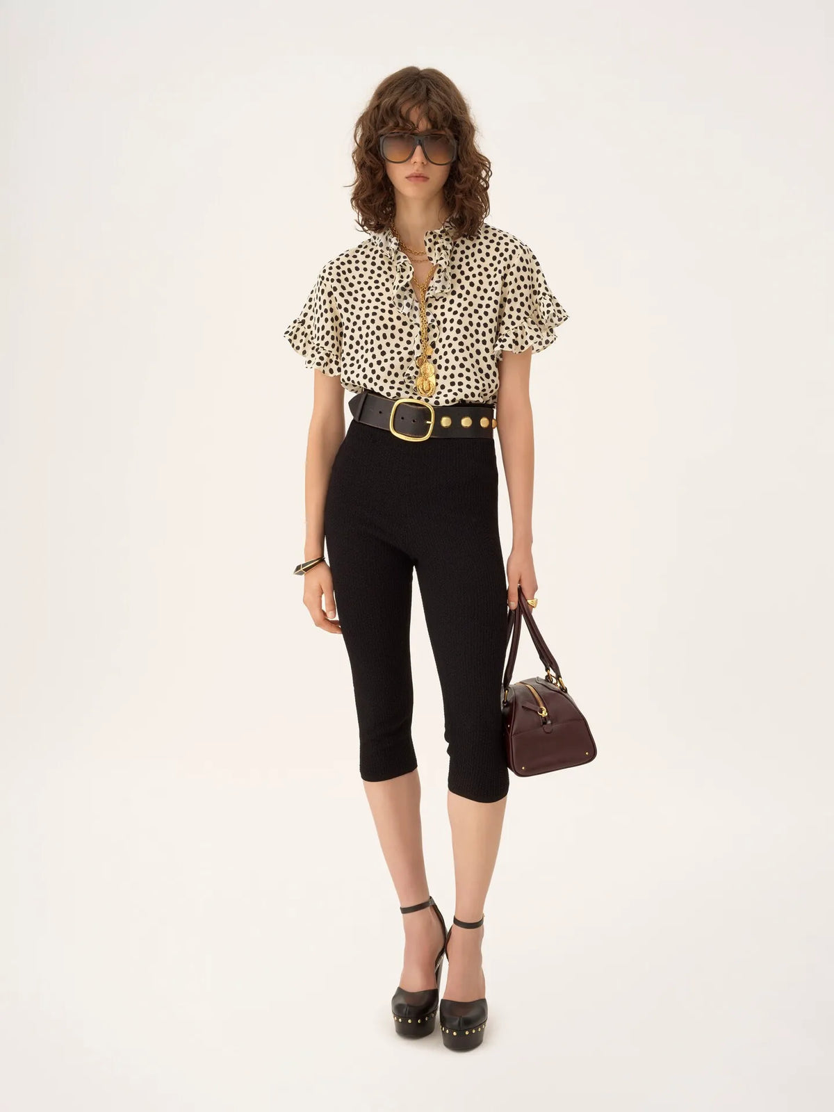 Short-sleeve ruffle top in crêpe de chine