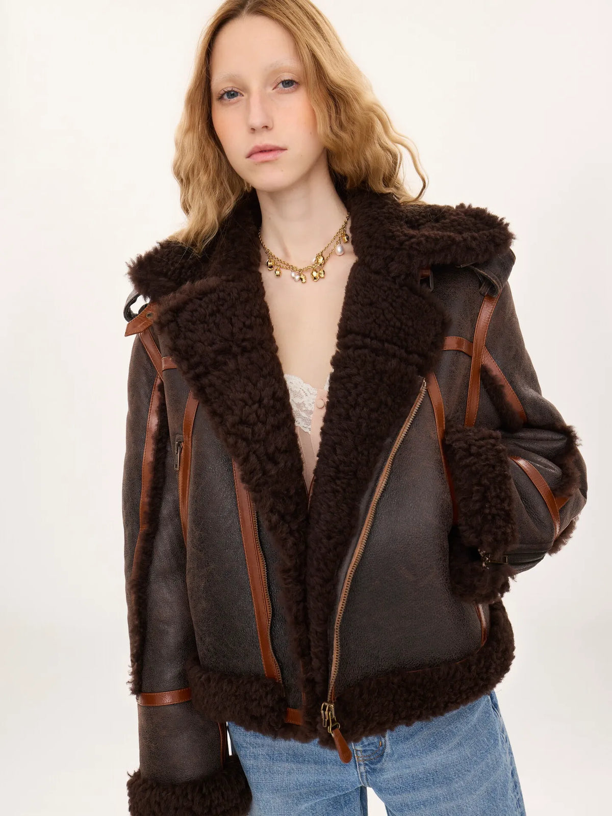 High-neck jacket in shearling