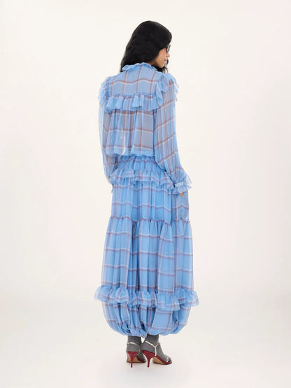 Ruffled top in check silk mousseline
